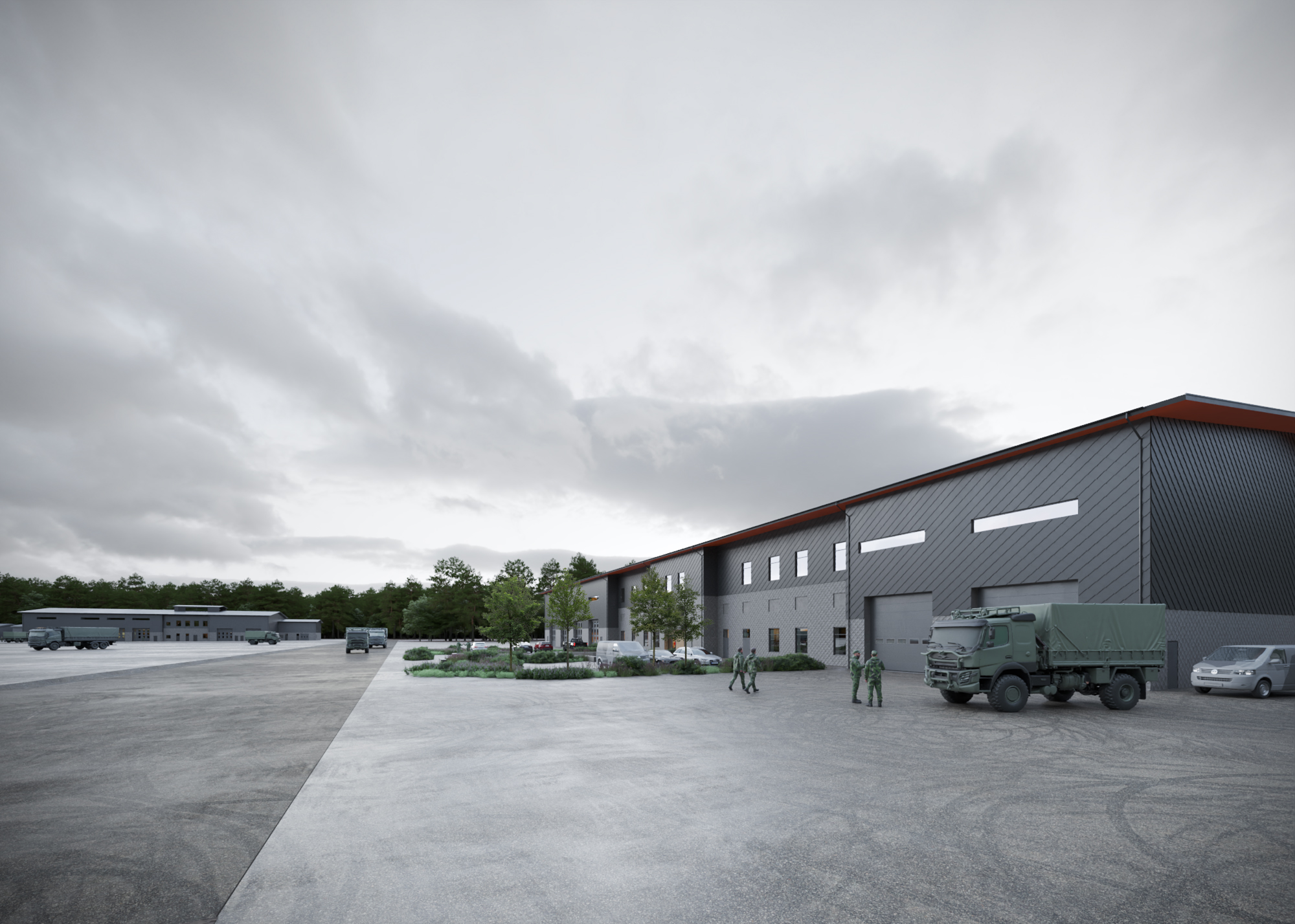 En stor öppen yta och en avlång byggnad med grå fasad till höger.