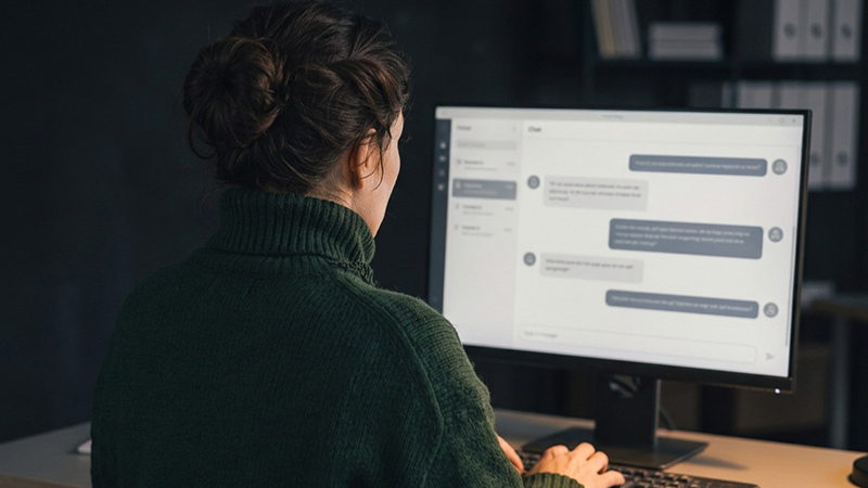 Kvinna sitter vid en datorskärm med ryggen mot betraktaren